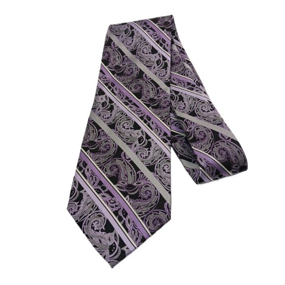 Platinum Designs Silk Tie Men’s XL 65” Purple Gray Paisley Stripe Whimsical Wide - Picture 2 of 3